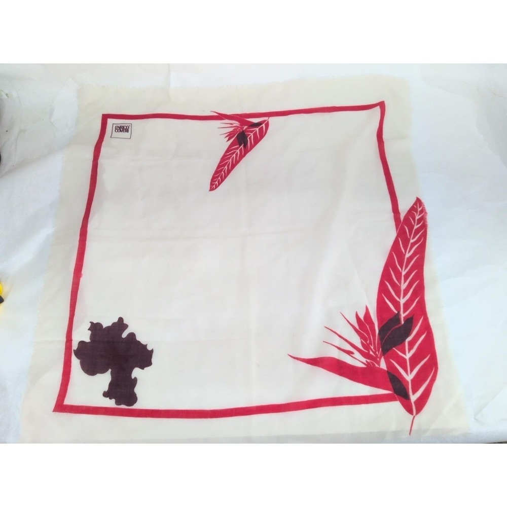 H79#Vintage ENRICO COVERI Italy Silk Scarf Floral White Red Leaves
